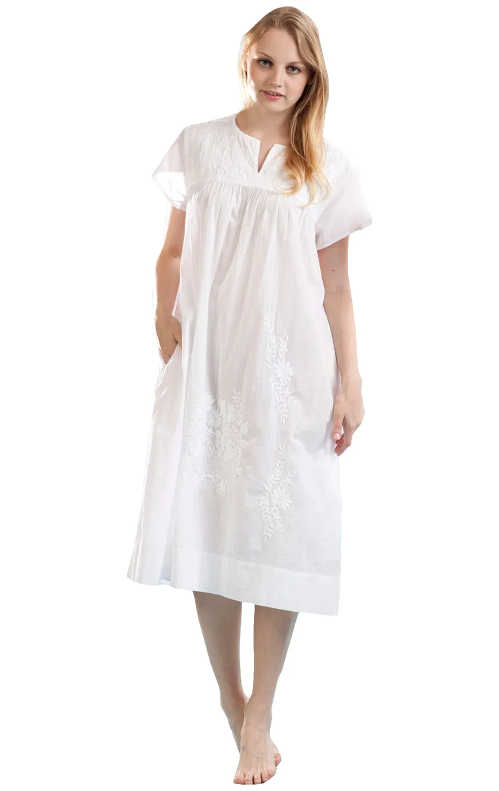 100% Cotton White Embroidered Plus Size Gown