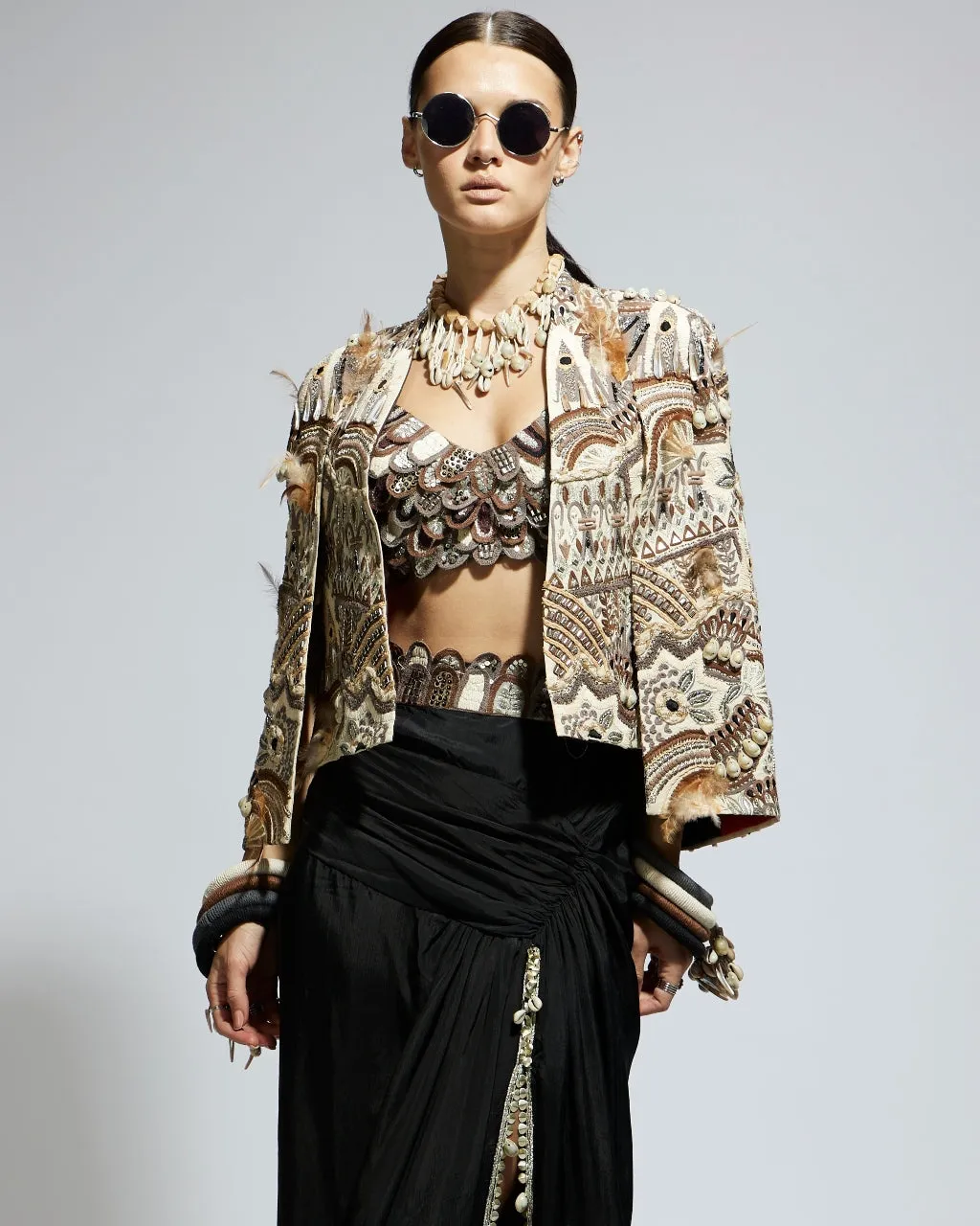 Abstract Feather Jacket With Slit Skirt Set