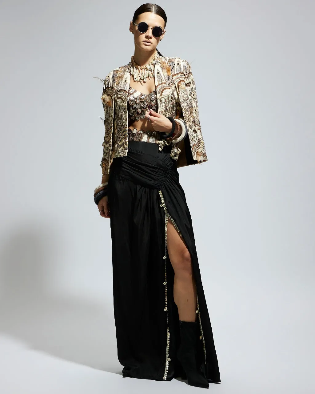 Abstract Feather Jacket With Slit Skirt Set