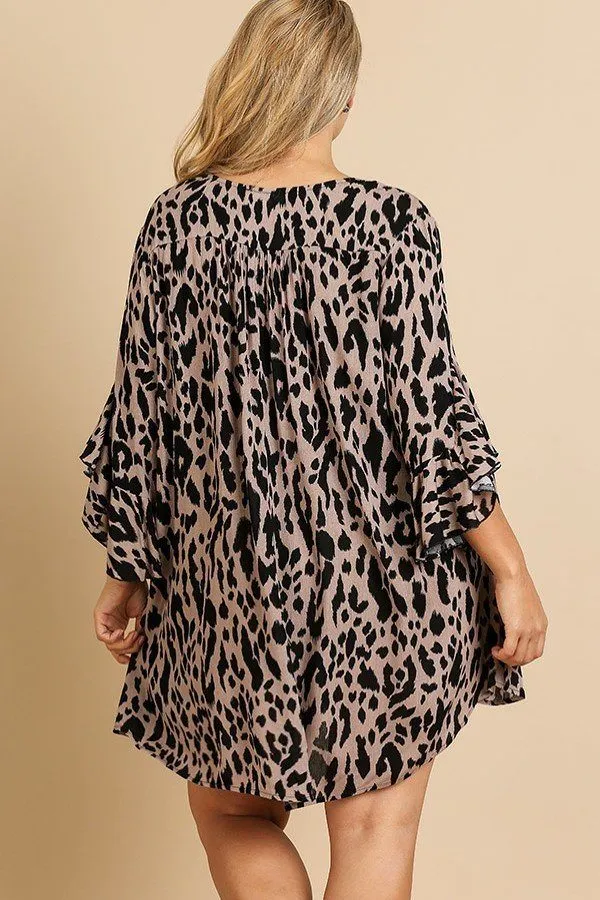 Animal Print Ruffle Split Sleeve Split Neck Dress