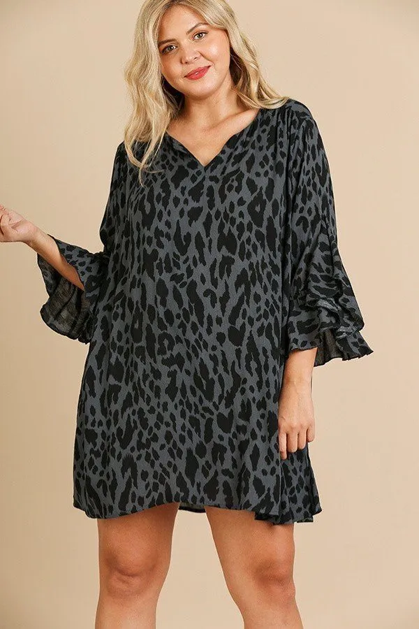 Animal Print Ruffle Split Sleeve Split Neck Dress