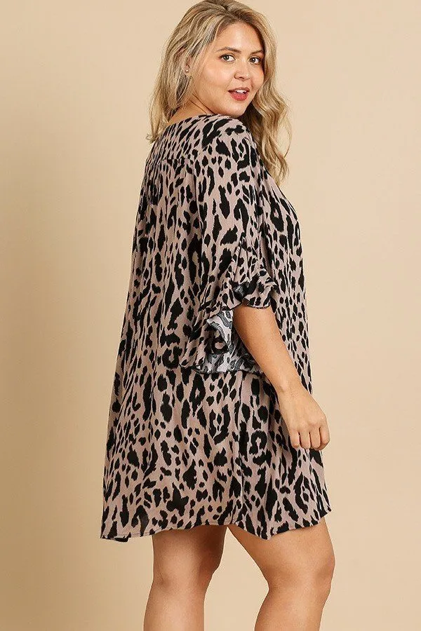 Animal Print Ruffle Split Sleeve Split Neck Dress