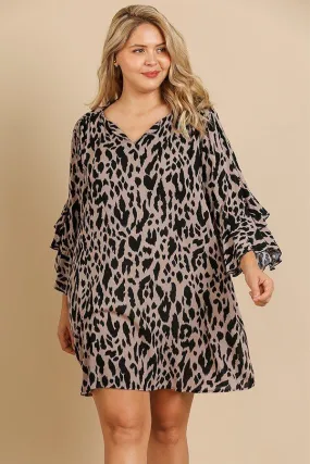 Animal Print Ruffle Split Sleeve Split Neck Dress