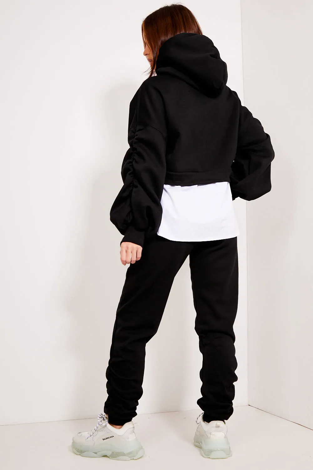 Annie Black Shirt Insert Hem Ruched Hoodie and Joggers Tracksuit Set