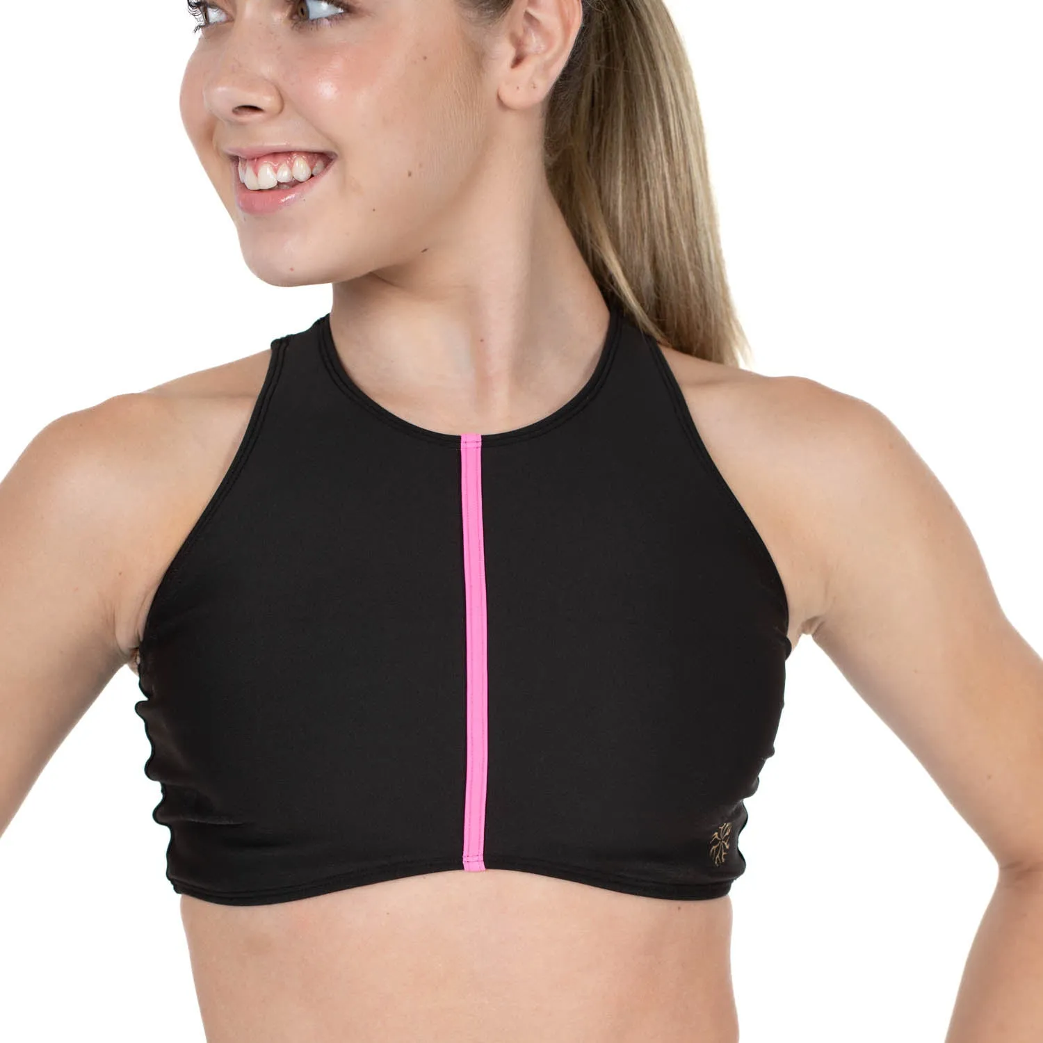 Arlo: High Neck Crop in Black with Neon Pink