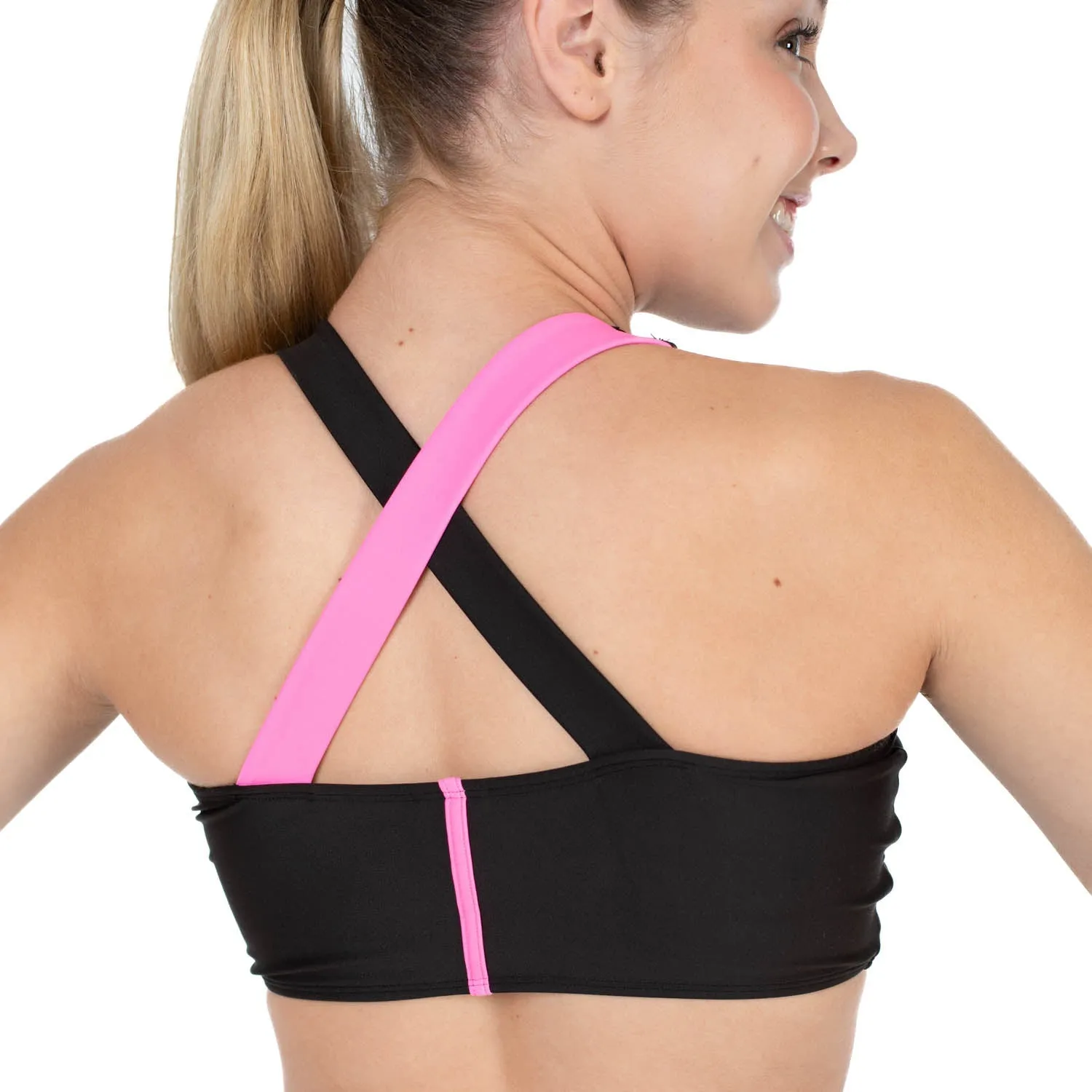 Arlo: High Neck Crop in Black with Neon Pink