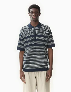 Beams Plus Half Zip Knit Jacquard Polo Shirt - Navy Blue