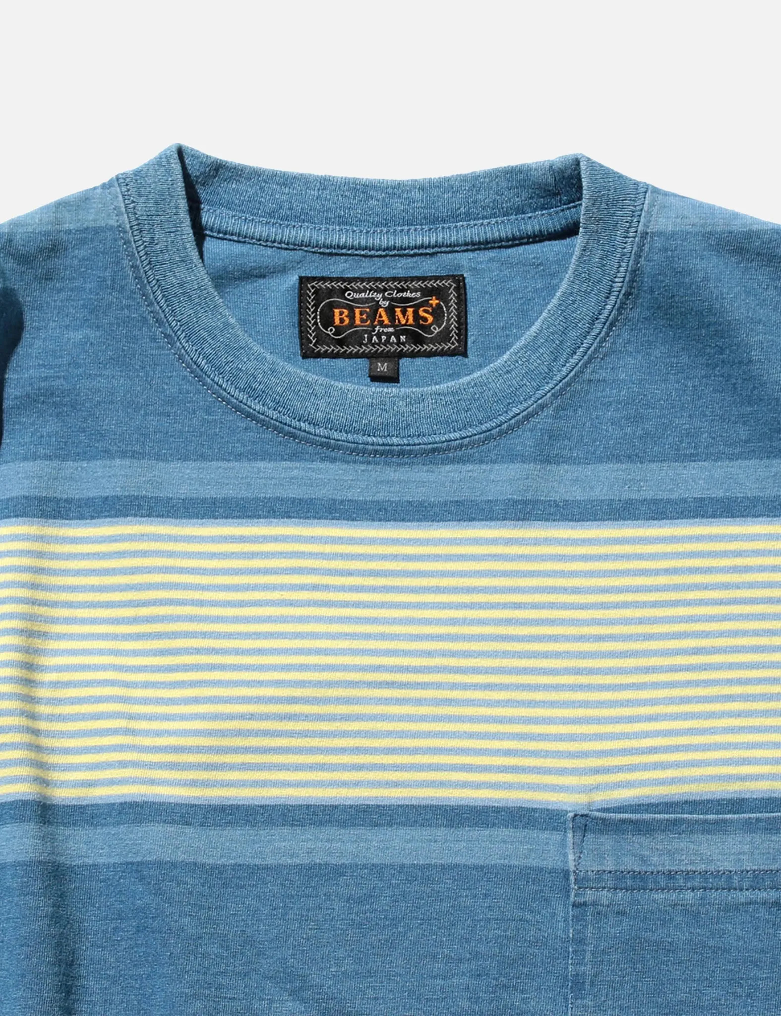 Beams Plus Indigo Stripe Pocket T-Shirt - Blue/Ecru