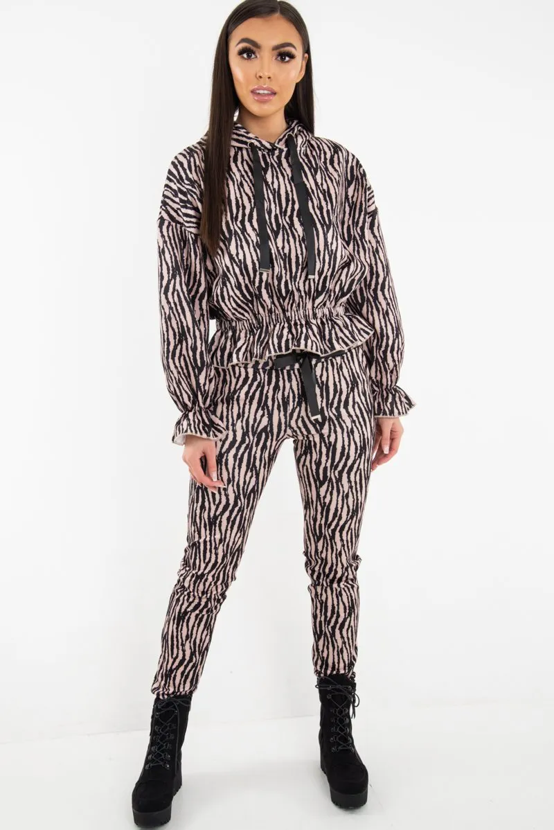 Beige Tiger Print Crepe Shirred Waist Tracksuit - Lanae