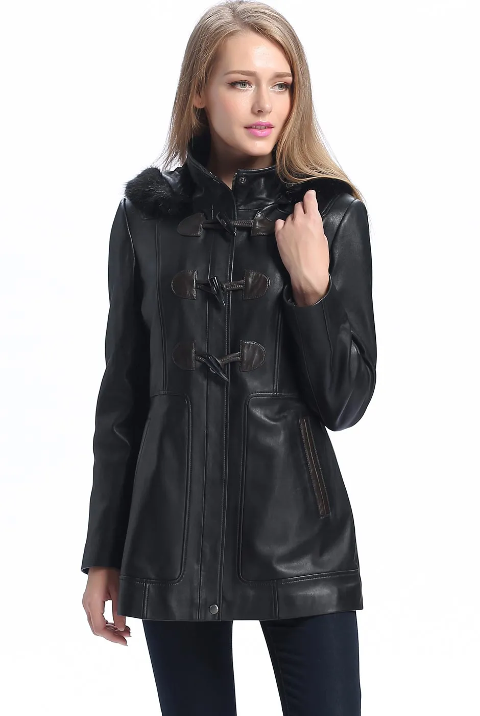 BGSD Women Amanda Hooded Lambskin Leather Toggle Coat