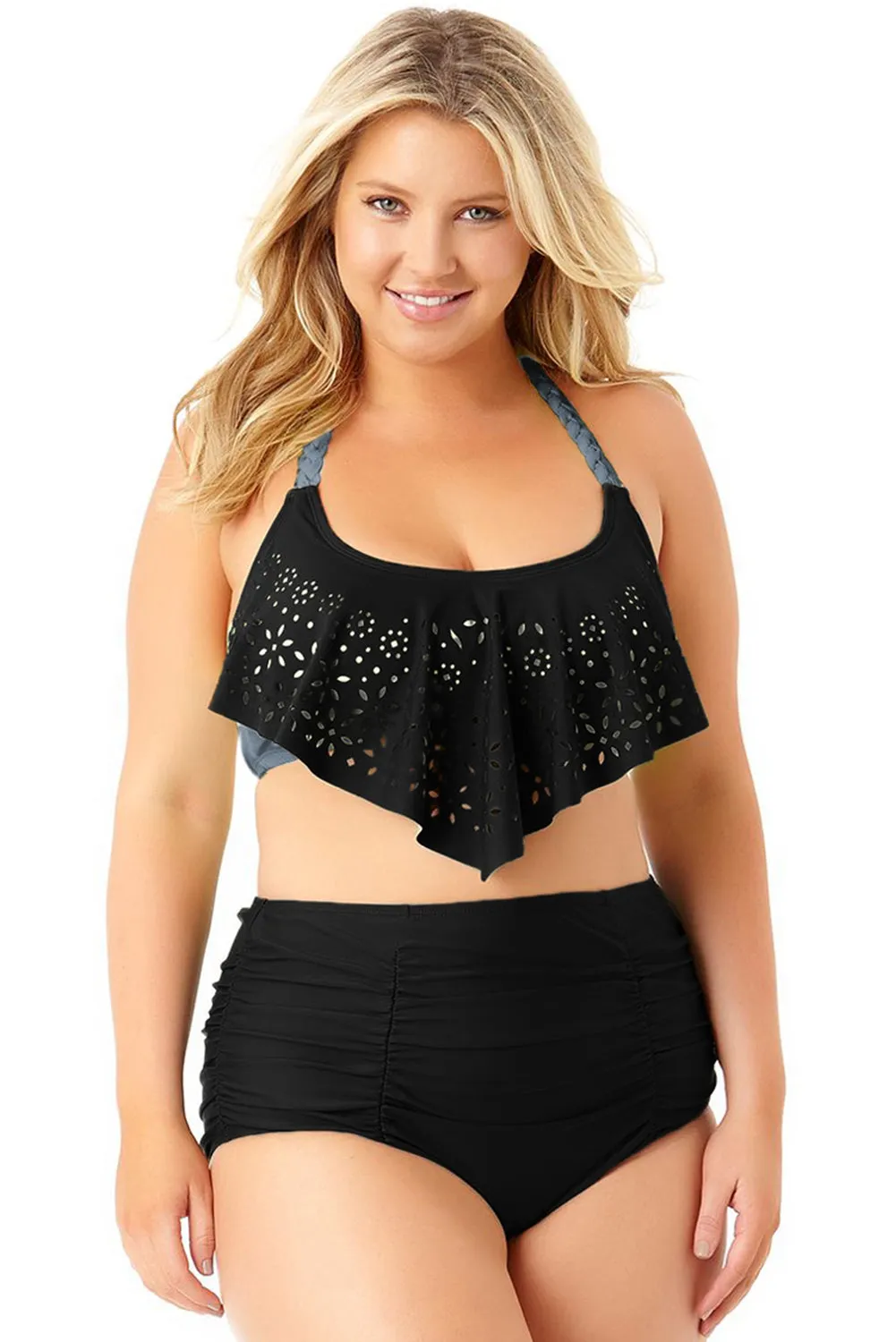 Black Allure Juniors Laser Cut Plus Size Flounce Swimwear