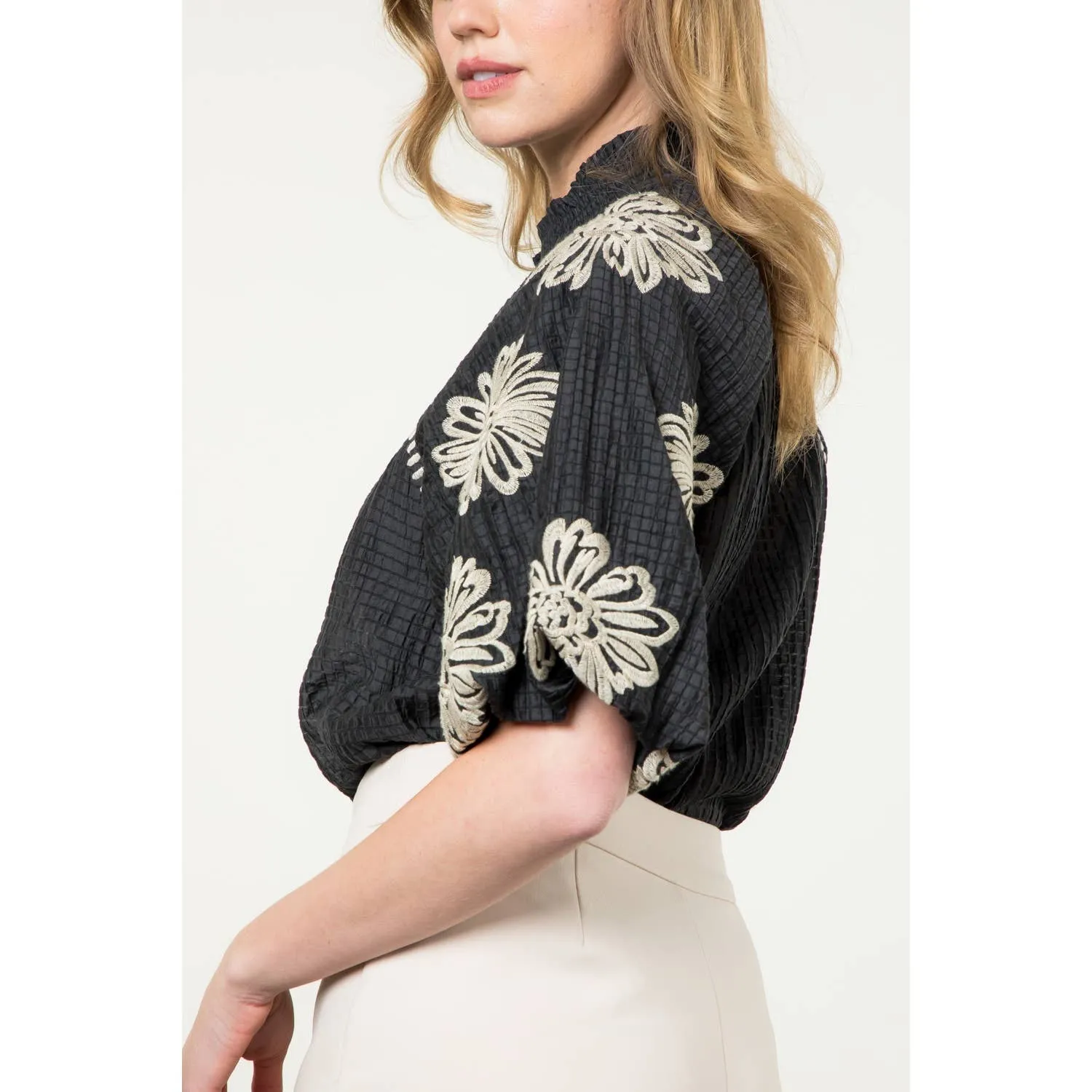 Black and Cream Embroidered Puff Sleeve Top