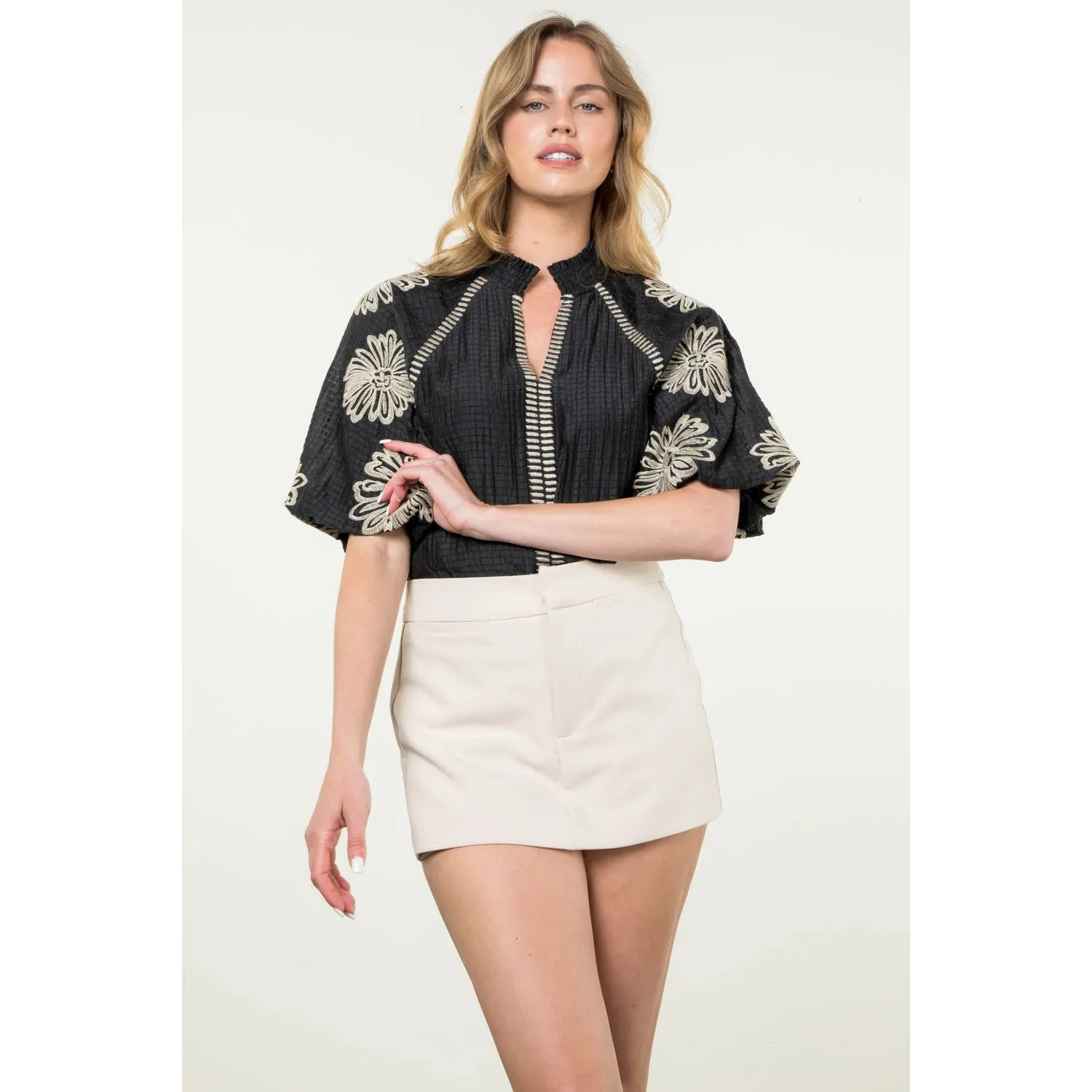 Black and Cream Embroidered Puff Sleeve Top