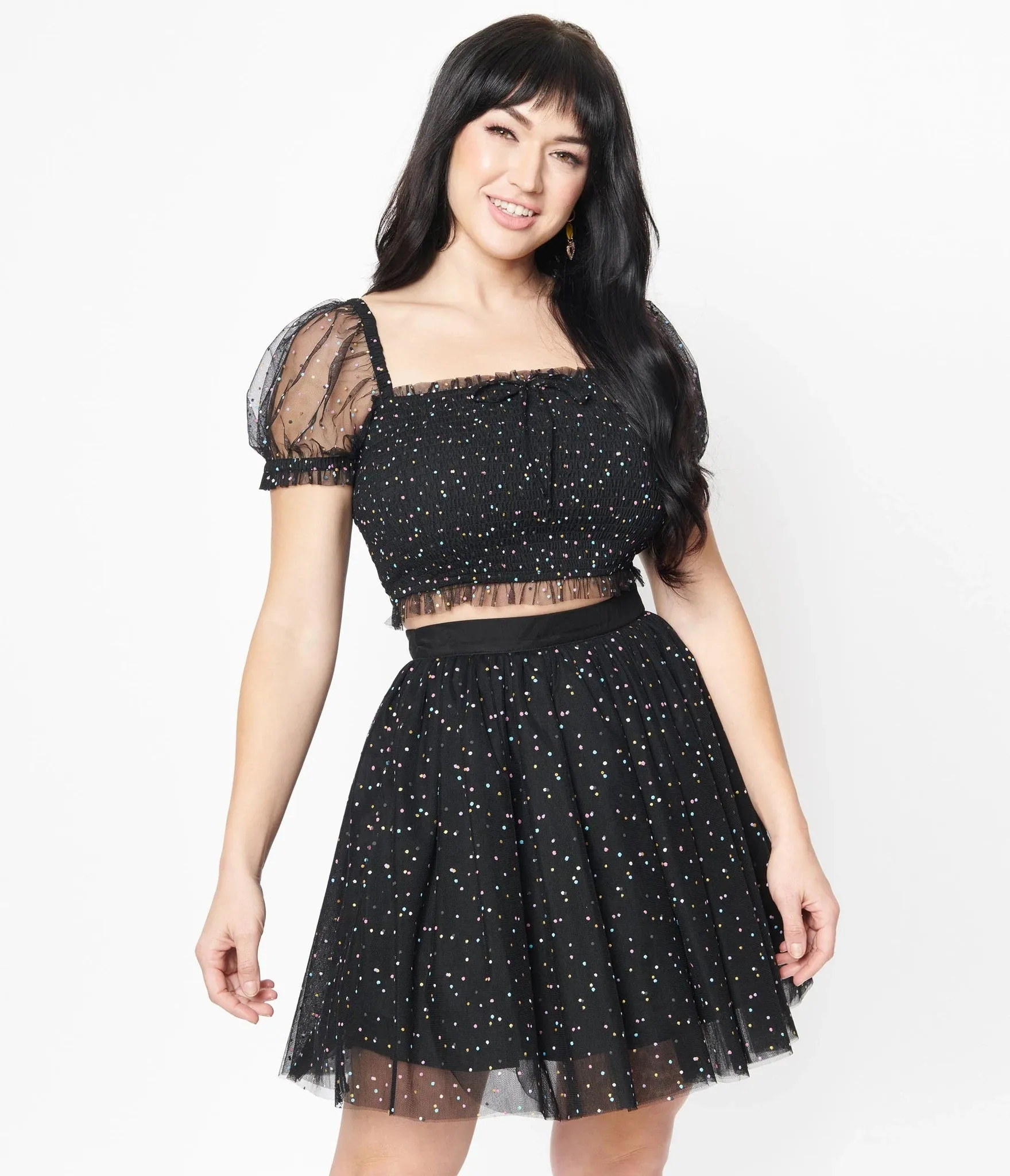 Black and Multicolor Polka Dots Smocked Tulle Top