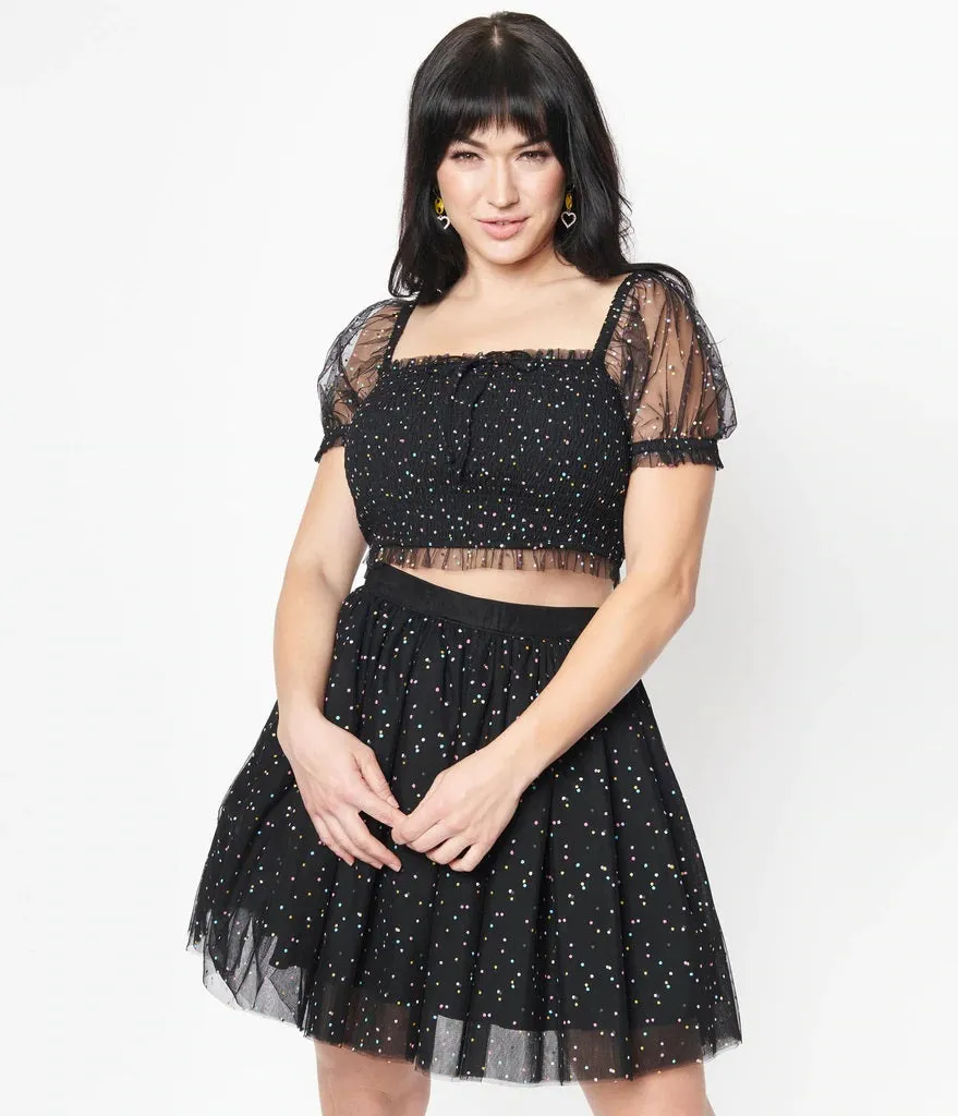 Black and Multicolor Polka Dots Smocked Tulle Top