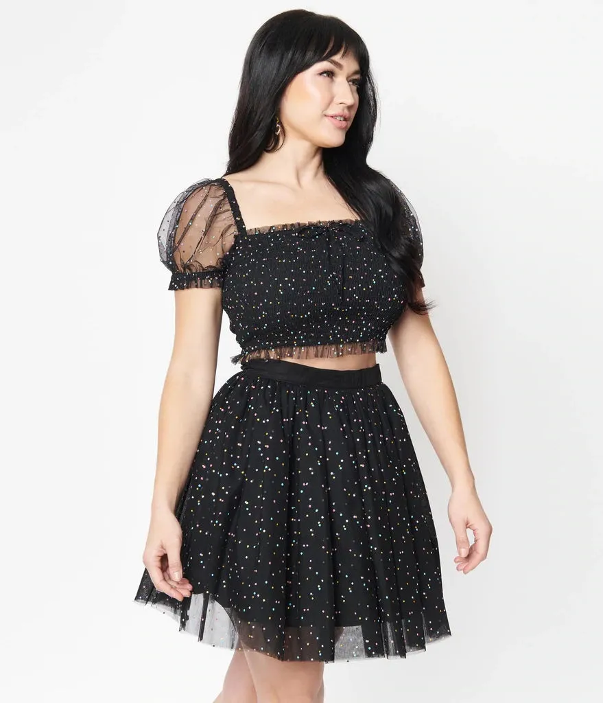 Black and Multicolor Polka Dots Smocked Tulle Top