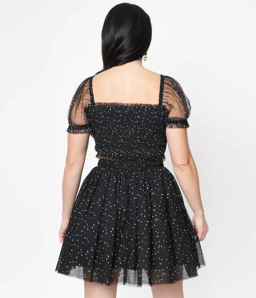 Black and Multicolor Polka Dots Smocked Tulle Top