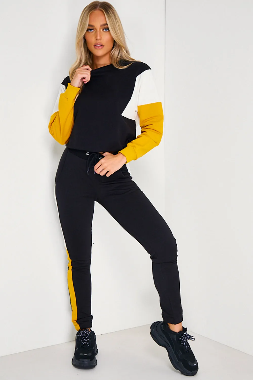 Black, Cream & Mustard Colour Block Tracksuit Set