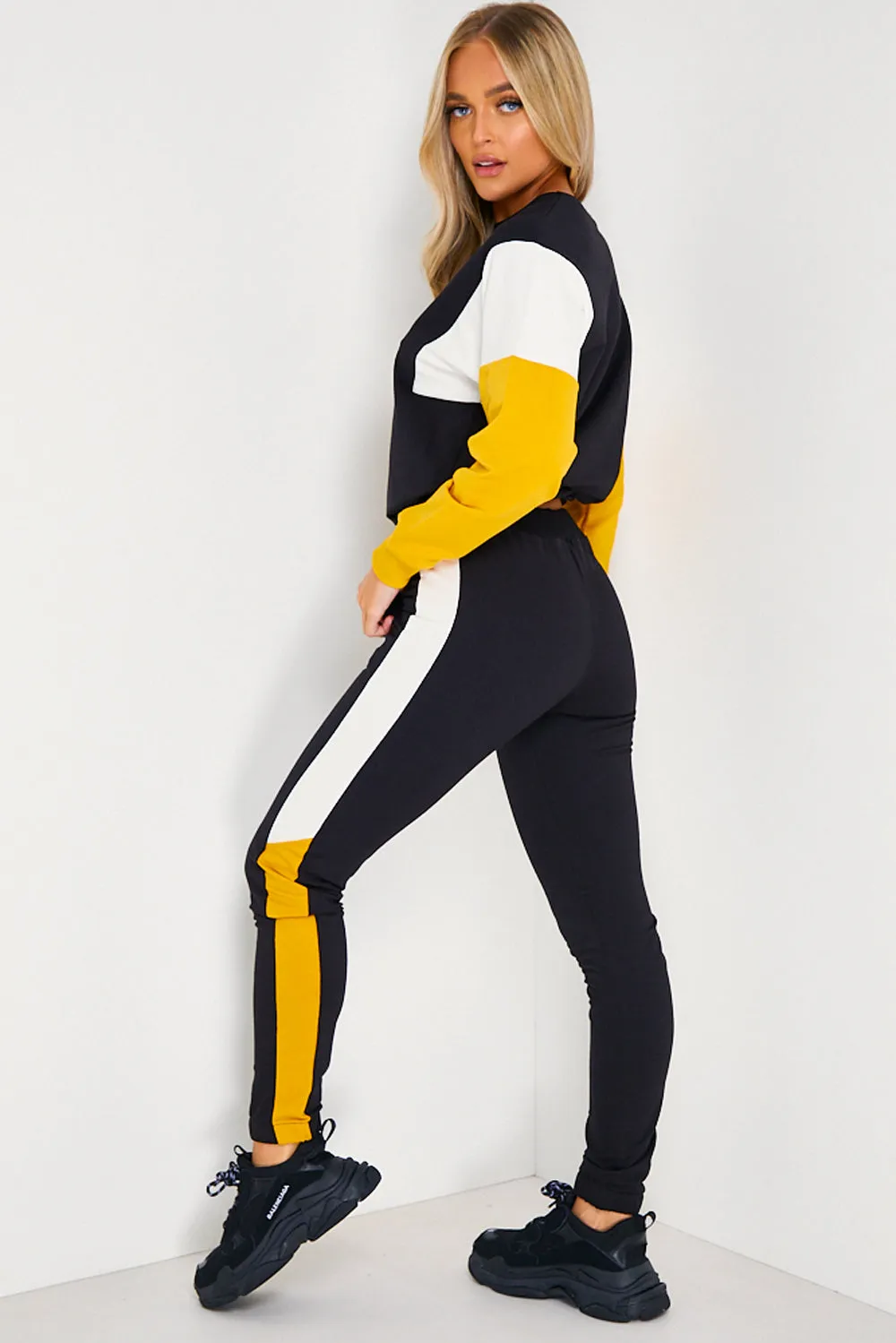 Black, Cream & Mustard Colour Block Tracksuit Set