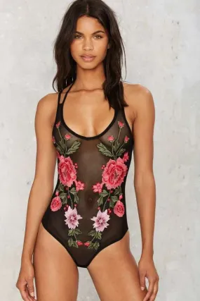 Black Mesh Bodysuit With Roses Embroidery "Brick In The Wallflower" See Through Festival Top Small Medium Or Large