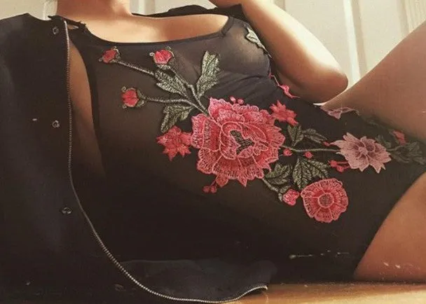 Black Mesh Bodysuit With Roses Embroidery "Brick In The Wallflower" See Through Festival Top Small Medium Or Large