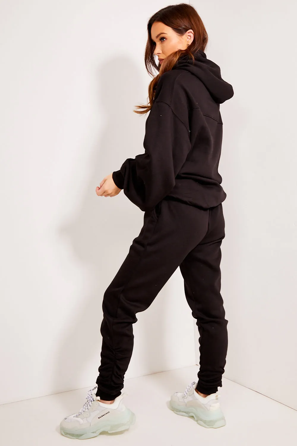 Black Ruched Oversized Hoodie and Joggers Tracksuit Set