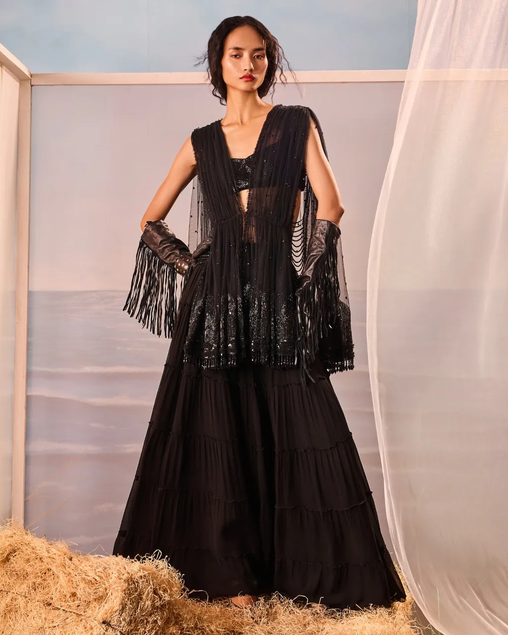 Black Tiered Sharara And Draped Jacket Set