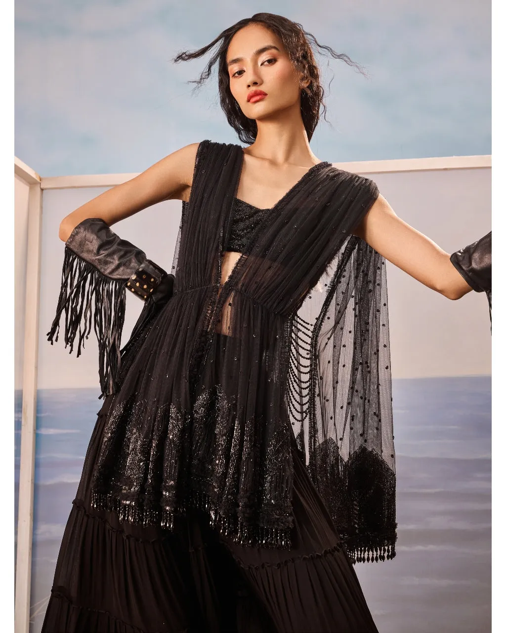 Black Tiered Sharara And Draped Jacket Set