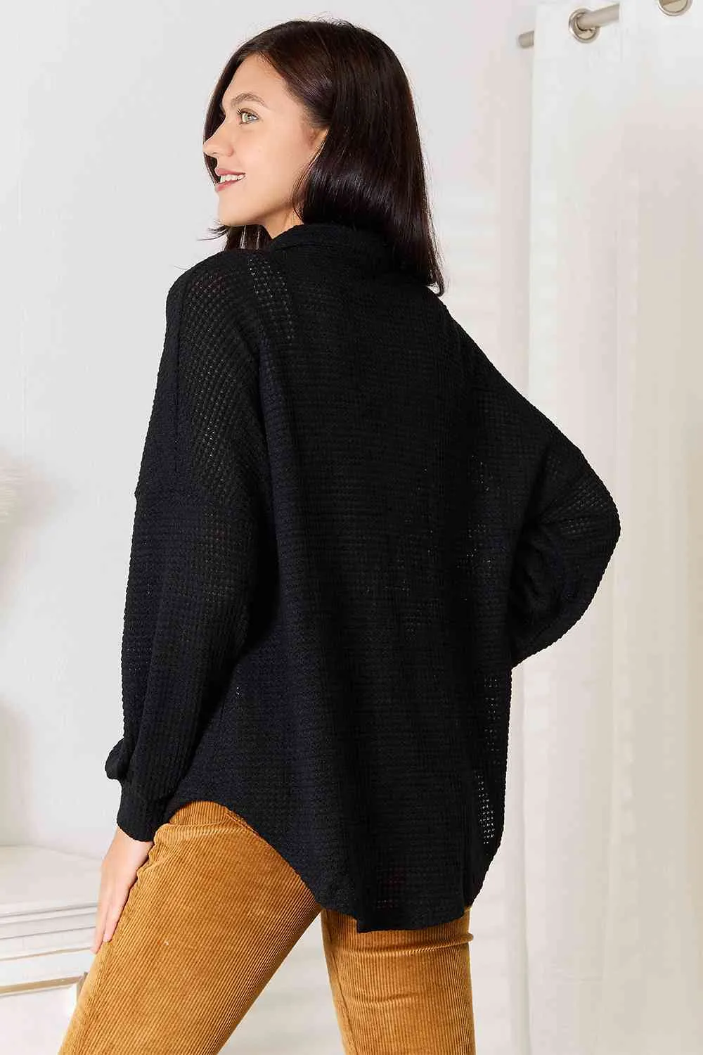 Black Waffle-Knit Collared Neck Dropped Shoulder Shirt