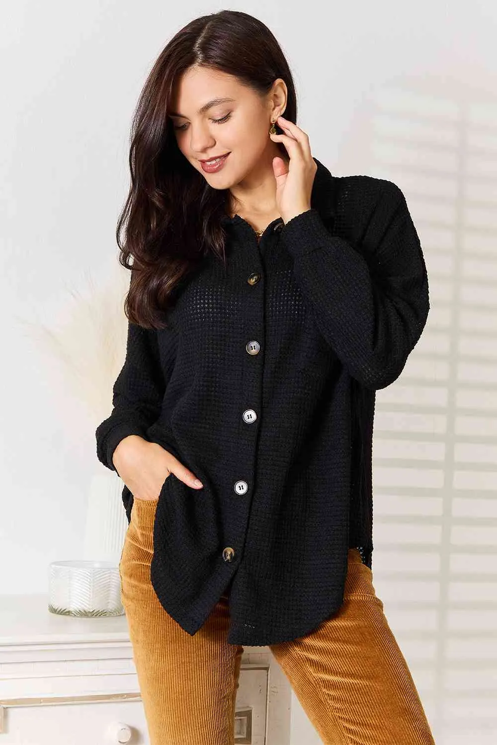 Black Waffle-Knit Collared Neck Dropped Shoulder Shirt