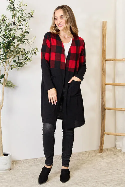 Black/Red Plaid Open Front Cardigan