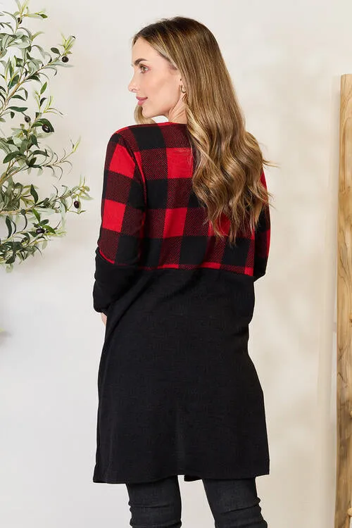 Black/Red Plaid Open Front Cardigan