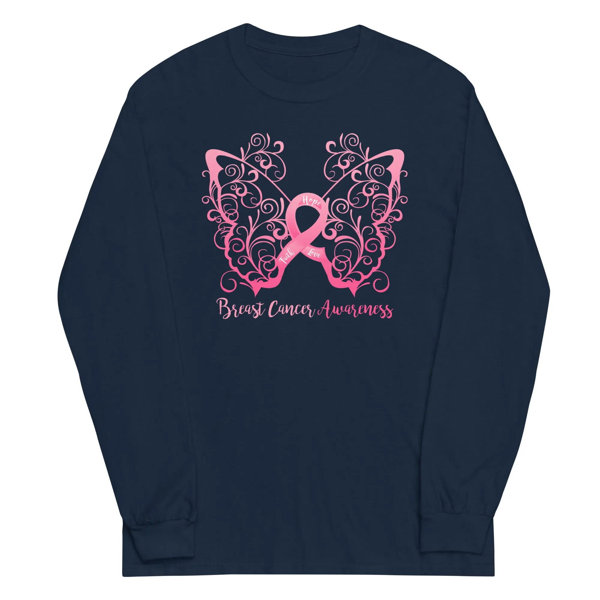 Breast Cancer Awareness Filigree Butterfly Plus Size Long Sleeve Shirt - Several Colors Available