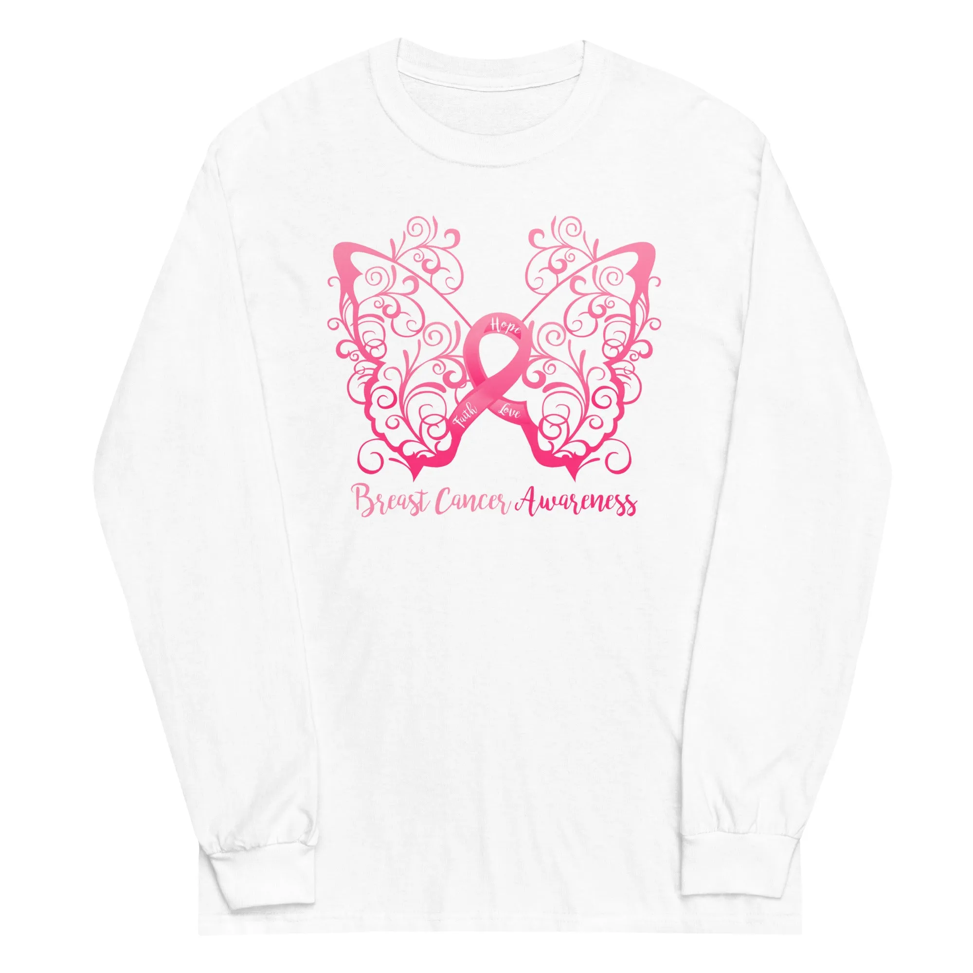 Breast Cancer Awareness Filigree Butterfly Plus Size Long Sleeve Shirt - Several Colors Available