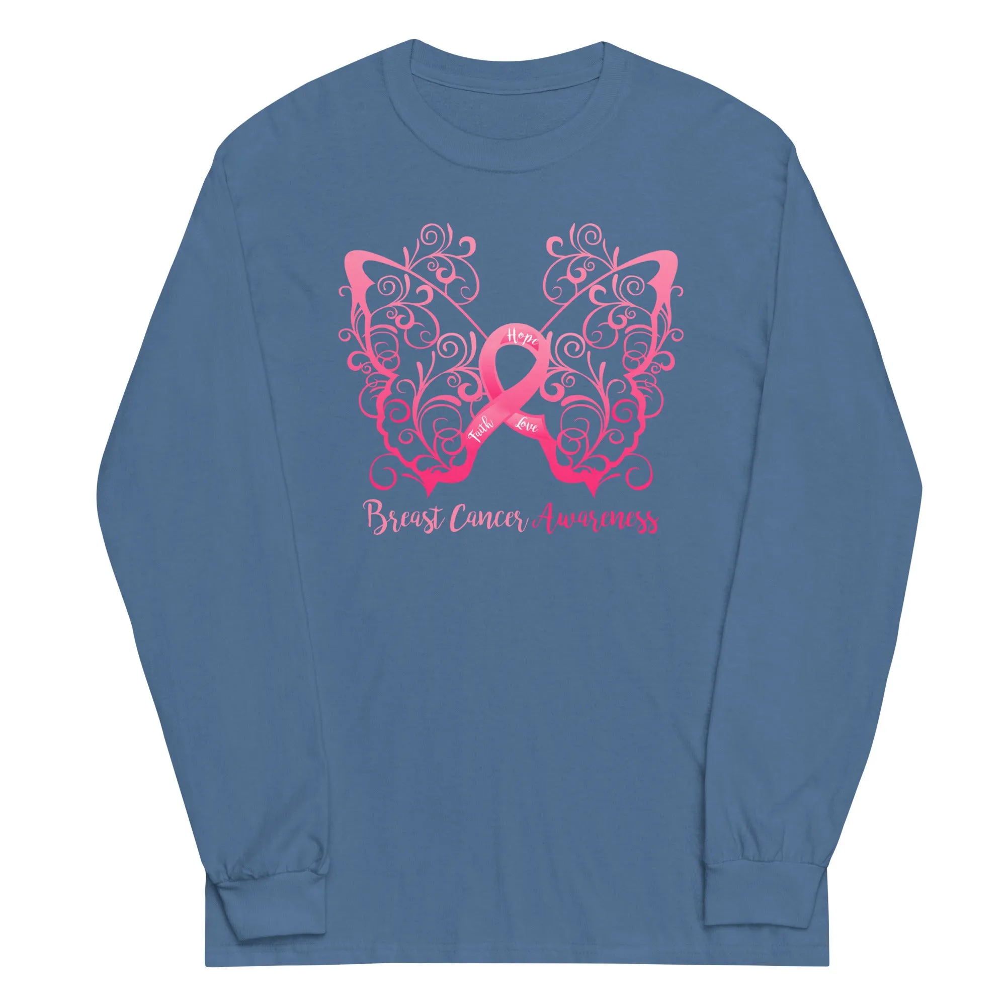 Breast Cancer Awareness Filigree Butterfly Plus Size Long Sleeve Shirt - Several Colors Available