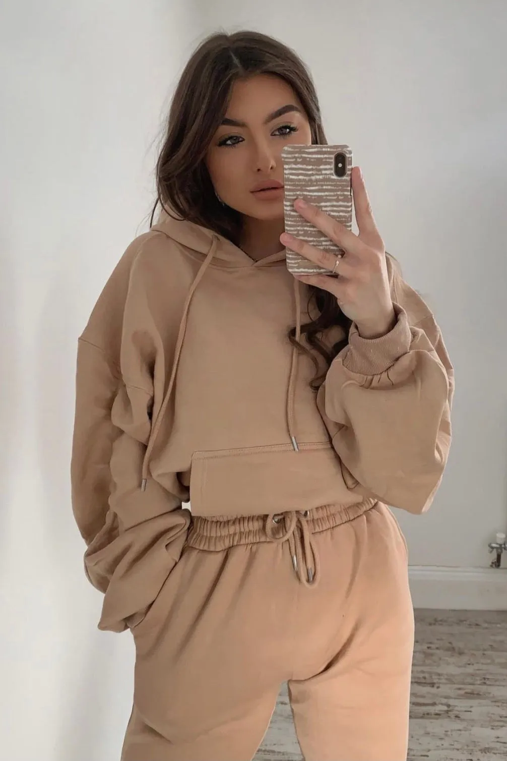 Camel Ruched Oversized Hoodie and Joggers Tracksuit Set