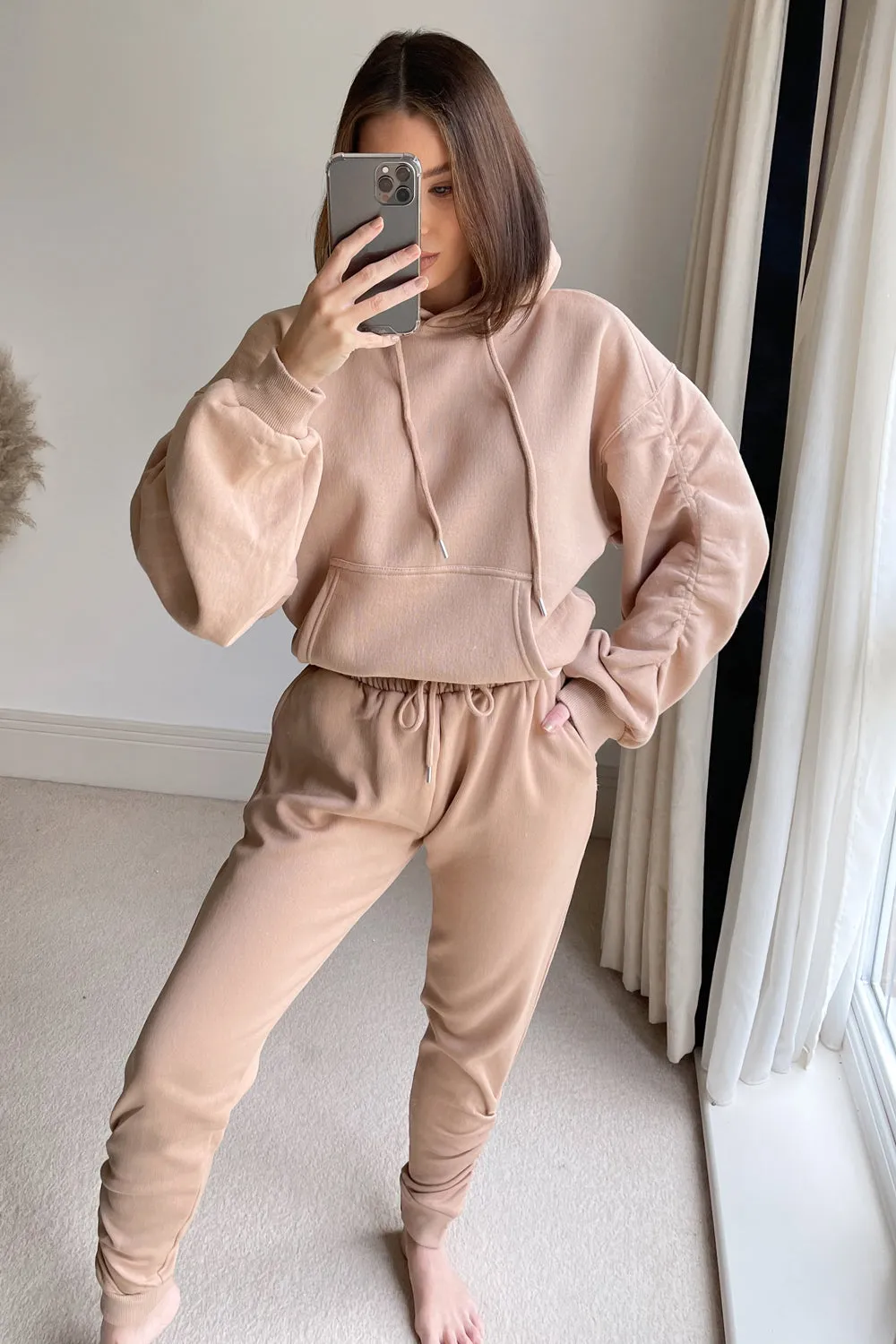 Camel Ruched Oversized Hoodie and Joggers Tracksuit Set