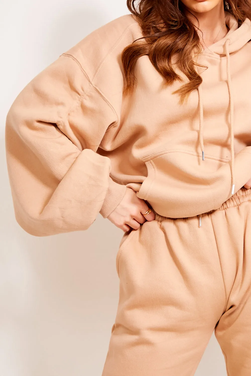 Camel Ruched Oversized Hoodie and Joggers Tracksuit Set