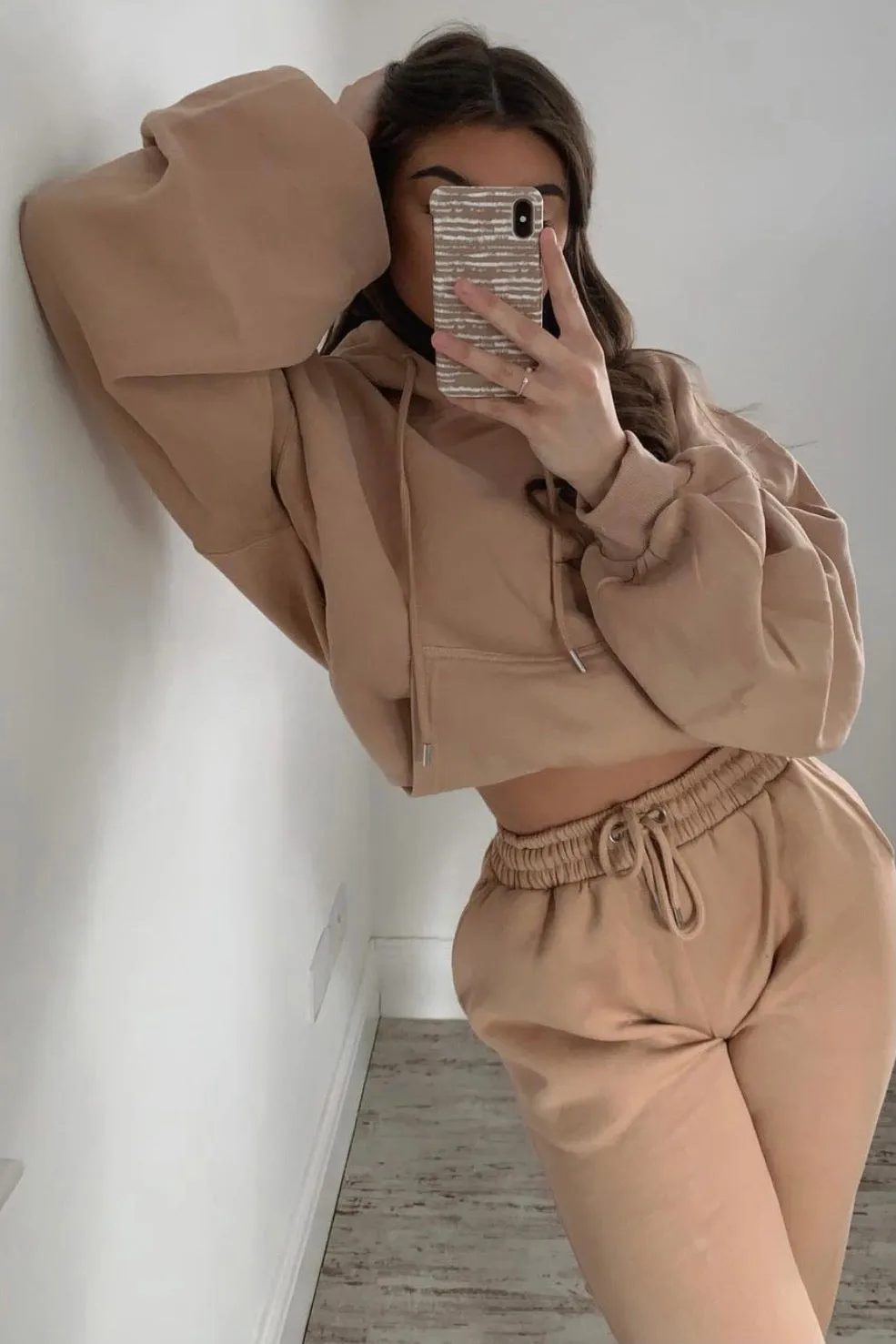 Camel Ruched Oversized Hoodie and Joggers Tracksuit Set