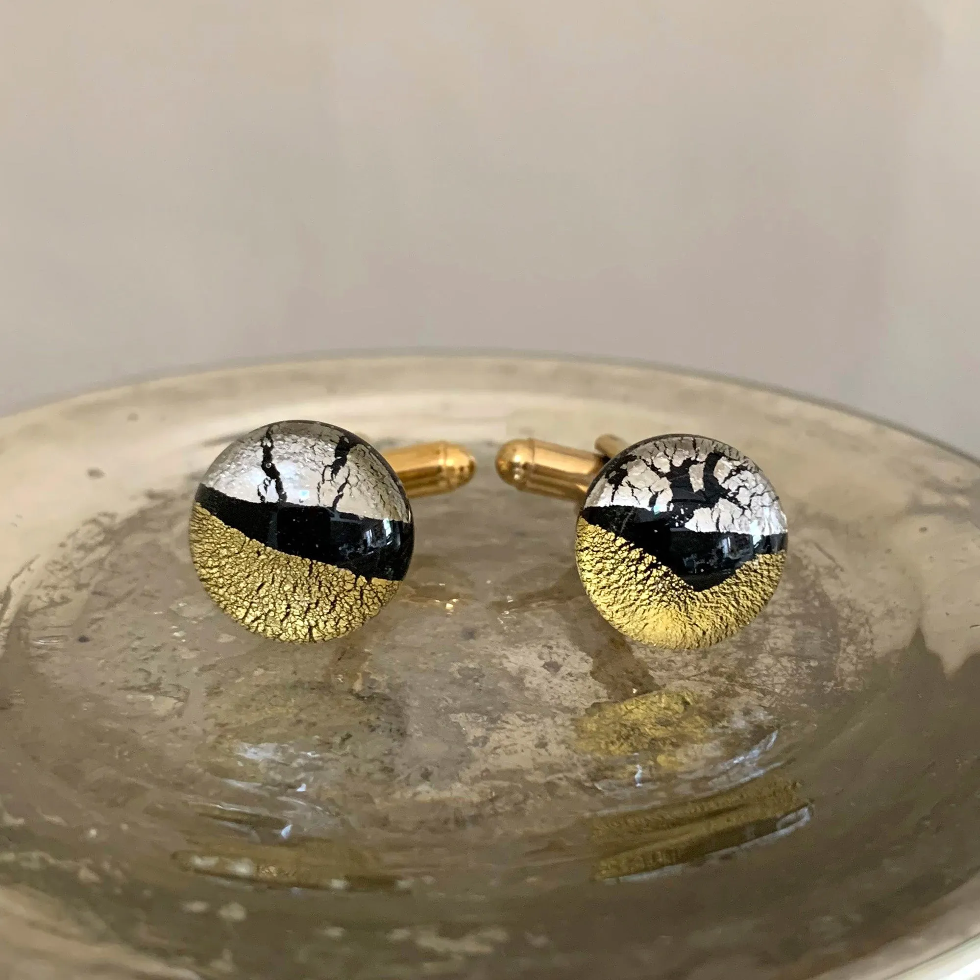 Cufflinks with black pastel, silver, gold Murano glass hemispherical beads on gold plated clasp (1)