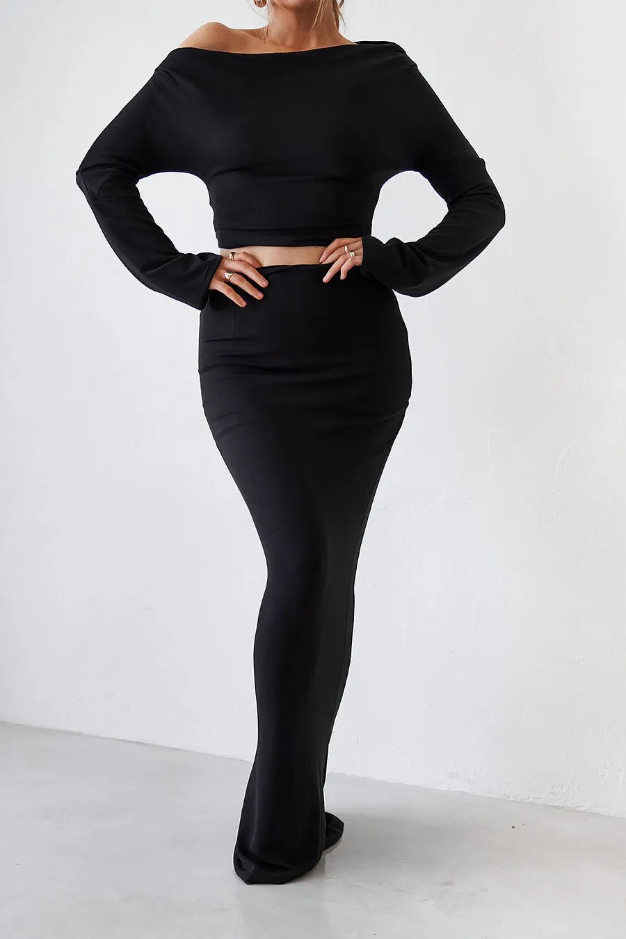 Cupro Long Sleeve Top - Black