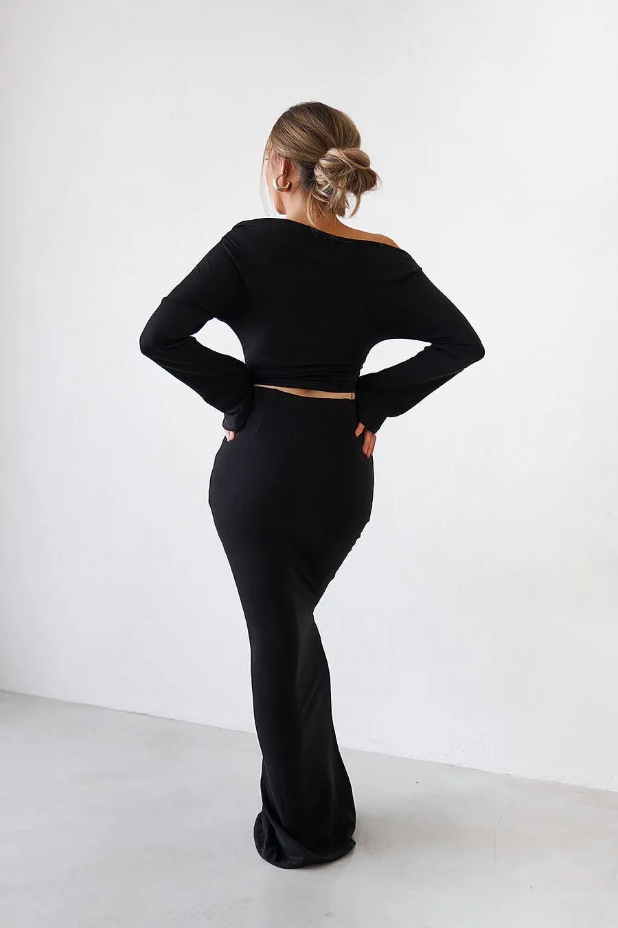 Cupro Long Sleeve Top - Black