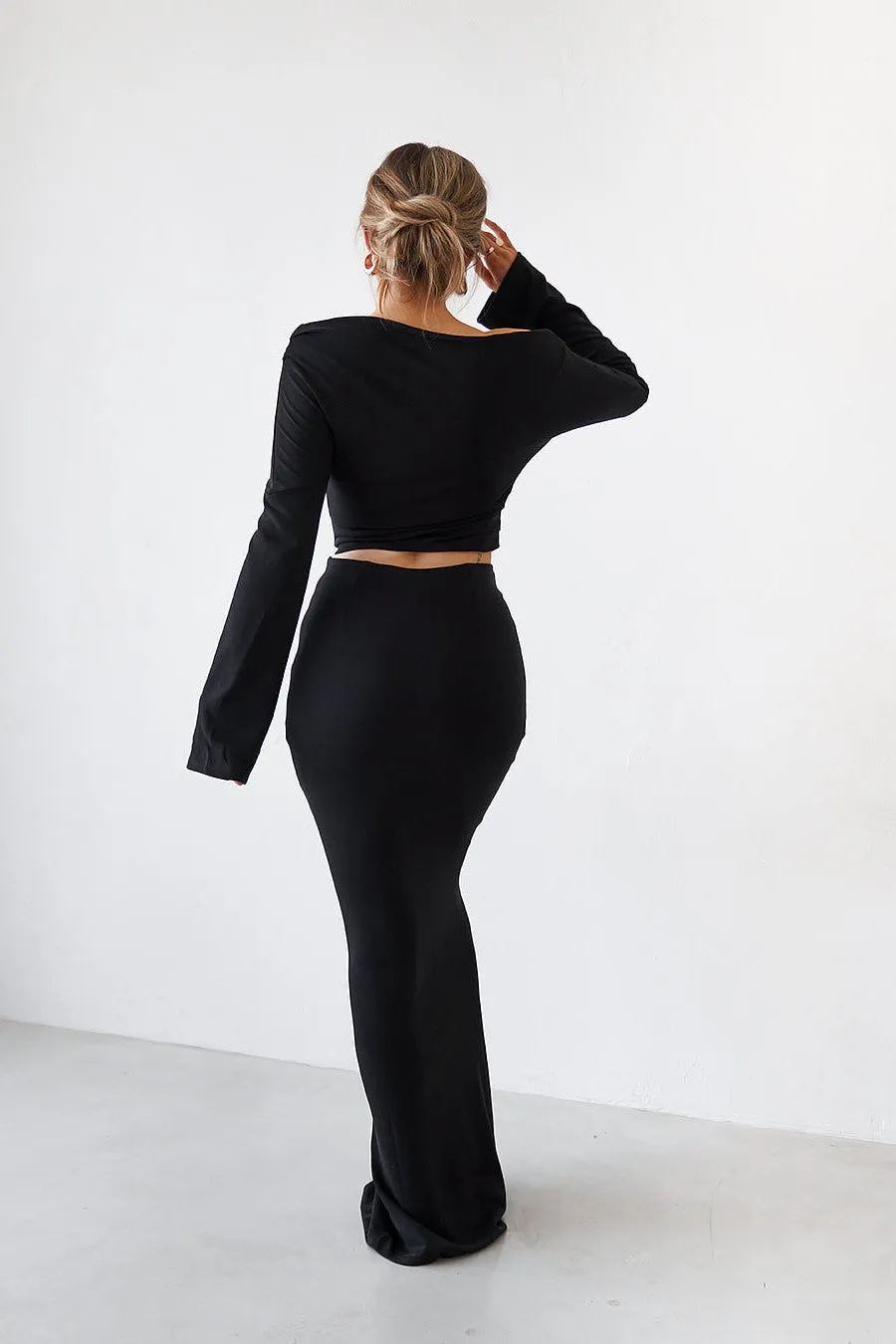 Cupro Long Sleeve Top - Black