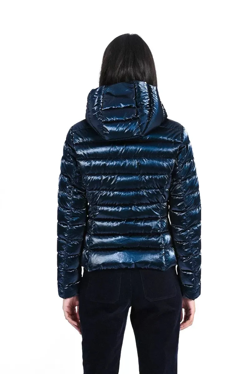 Dark Metallic Blue Hooded Puffer Coat