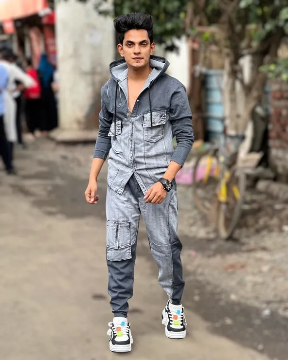 Denim Shaded Hoodie Pattern Full Track Suit - Combo