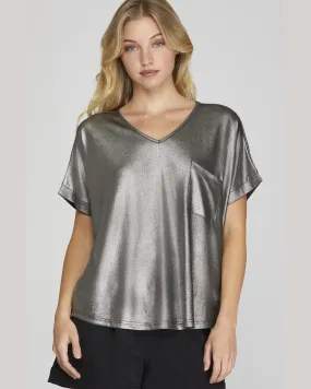 Drop Shoulder V-Neck Metallic Knit Top