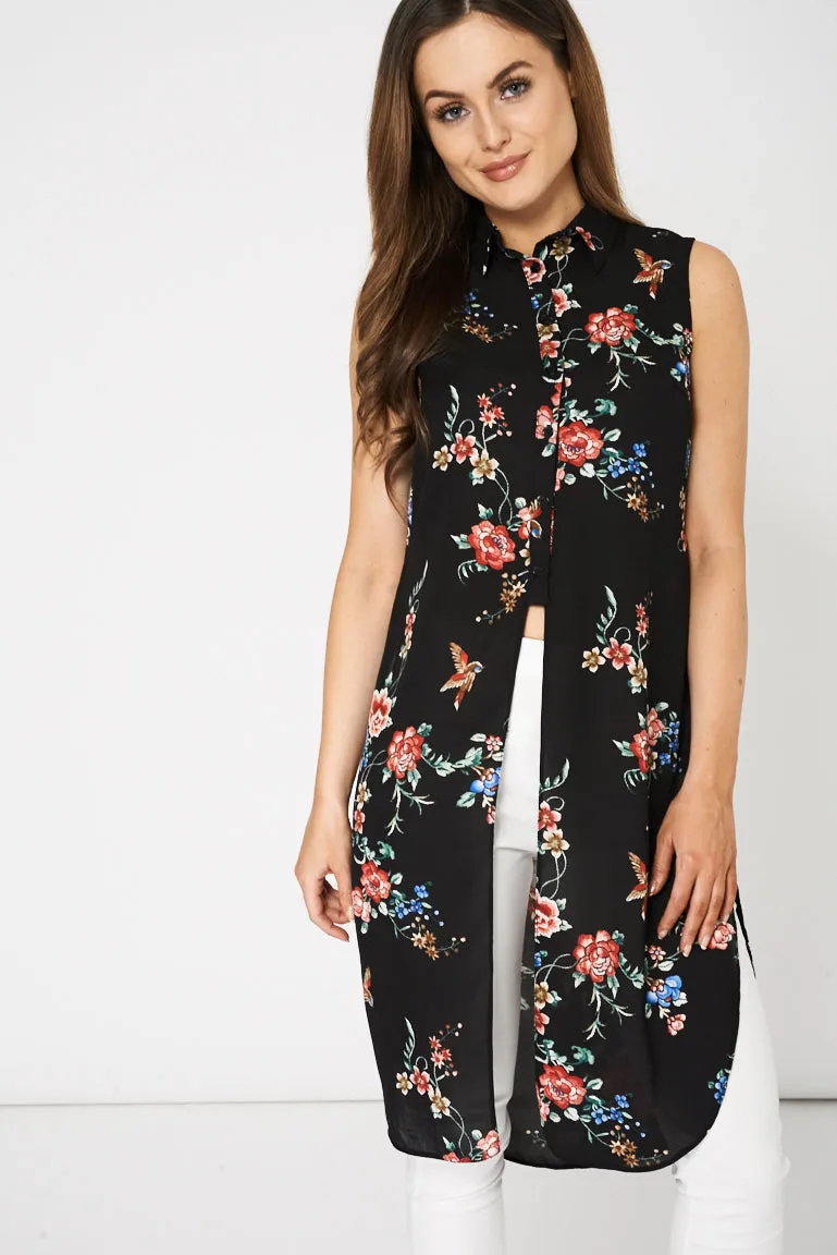 Floral Print Side Split Long Shirt Ex-Branded Available In Plus Sizes