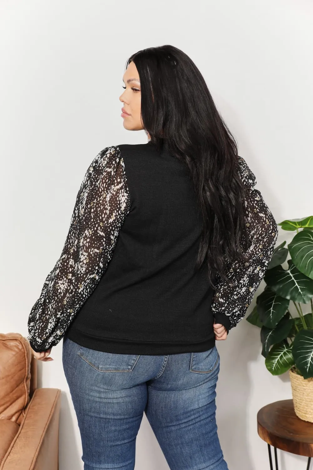 Foil Printed Sleeve Top in Black