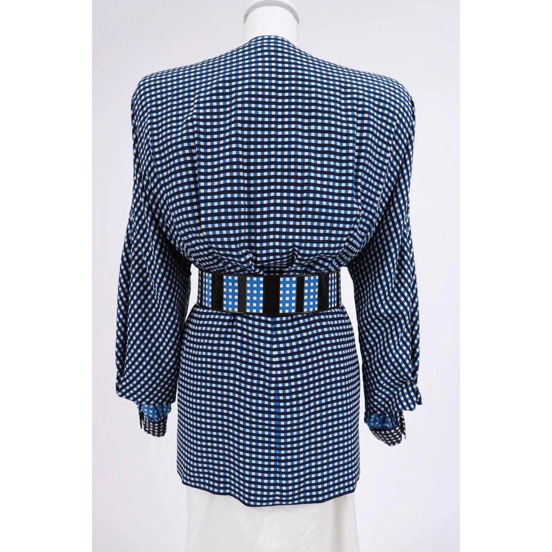 GALANOS 1980's Black, Blue and White Check Patterned Silk Jacket |  L/XL