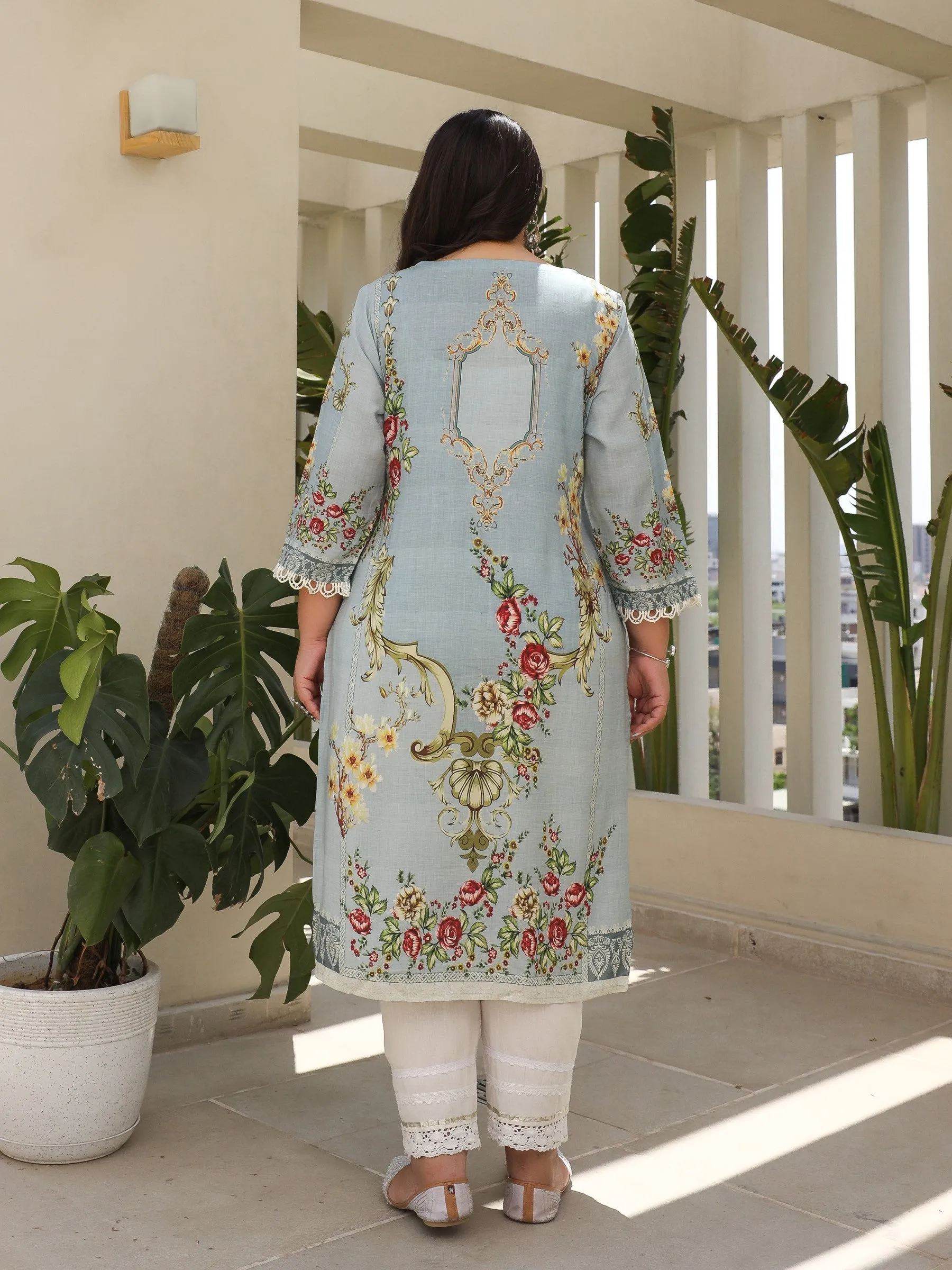 Juniper Grey Rayon Floral Printed Regular Plus Size Kurta With Beadwork